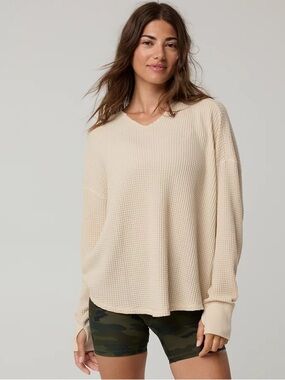 Aerie Cozy Cream Waffle Knit V-Neck Sweater